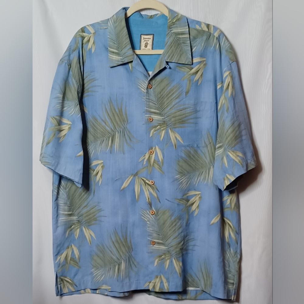 Jamaica Jaxx Blue Silk Shirt With Green Branches. Size XXL.